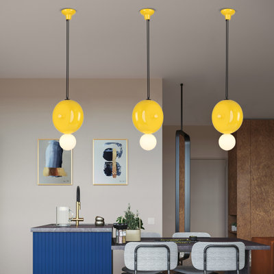 Nordic Yellow Donut-shaped Creative Pendant Light With White Frosted Glass Ball, Minimalist Fun Ceiling Lamp For Kids' Room, Kitchen, Living Room, Dining Room