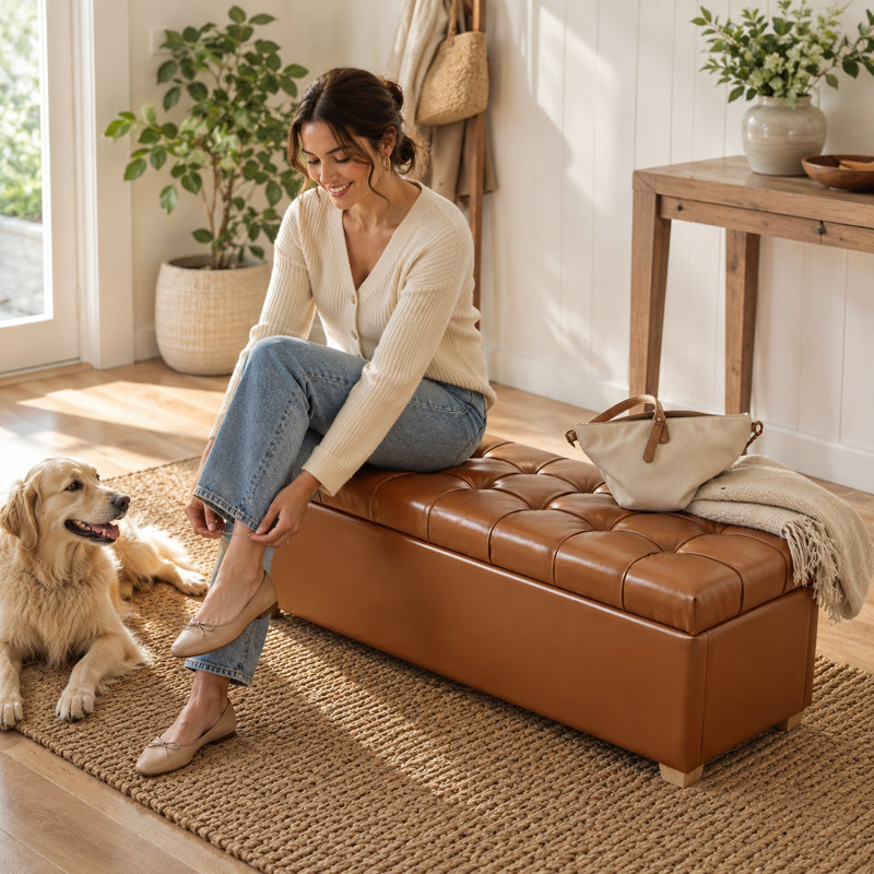 Banc de rangement en similicuir 60 po, Brun
