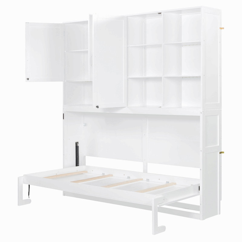 Lit escamotable mural simple avec armoire supérieure, tablettes, lit pliable peu encombrant avec lumière et USB, Blanc