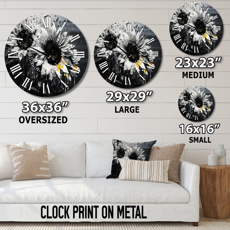 Horloge murale tournesols noirs et blancs, Grand