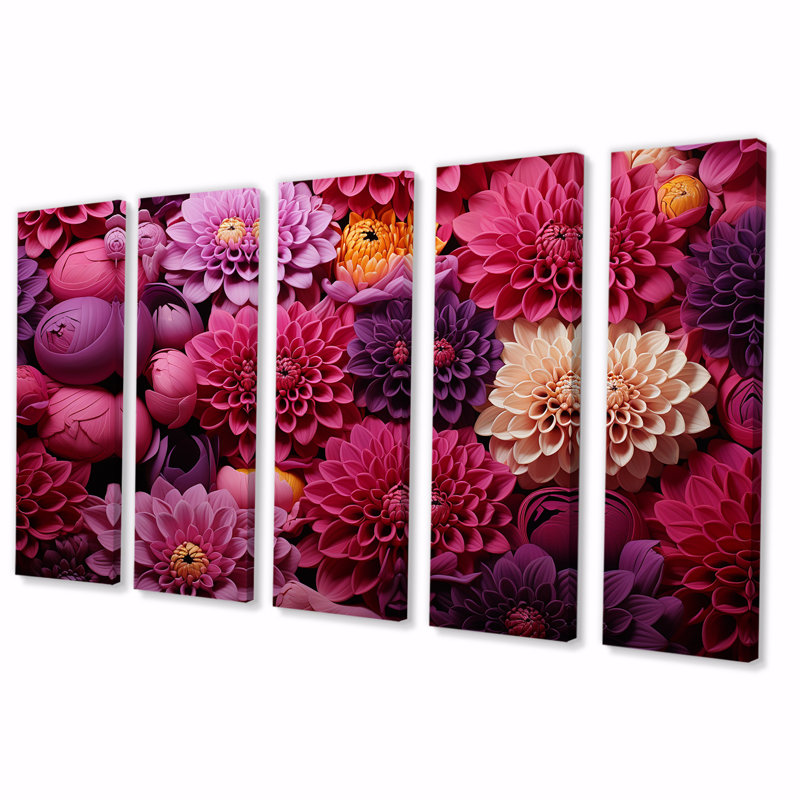 «Pink Chrysanthemums Gardens Collage I - Chrysanthemums», art mural 5 pièces, H 28 po x l 60 po