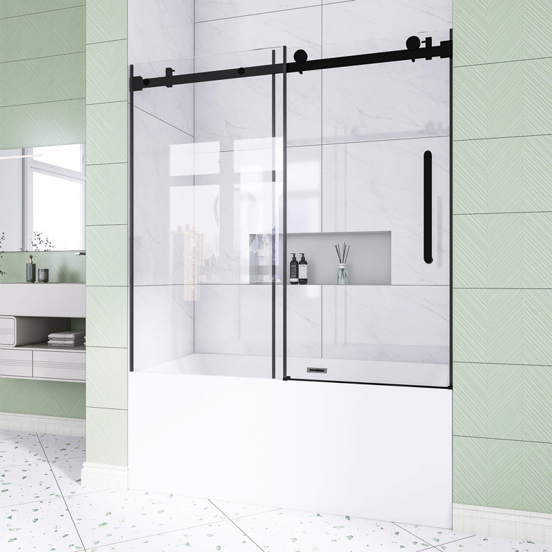 56-60 In. W × 60 In. H Frameless Single Sliding Shower Door With 1/4" Clear Tempered Glass In Matt Black |  Explosion Proof Film |  Stainless Steel Handle |  Square Tube Track