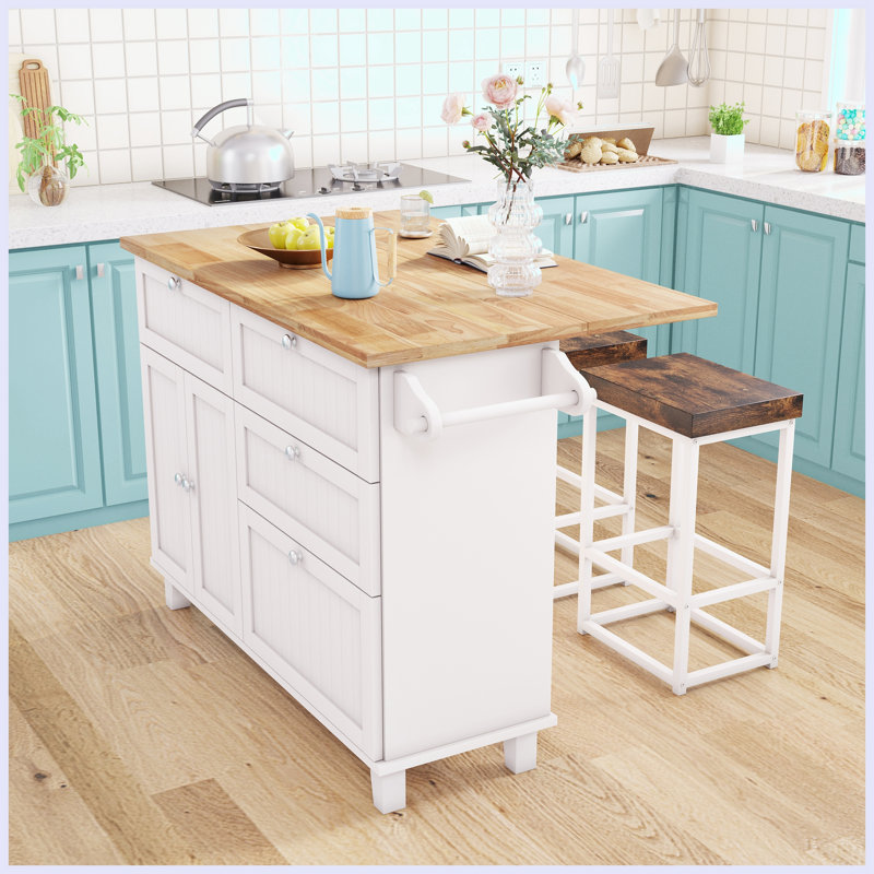 Ensemble d'îlot de cuisine 50 po avec plateau en bois massif, Blanc