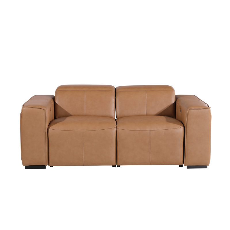 Top Grain Italian Leather Modular Power Dual Reclining Loveseat With Power Headrests, Cognac