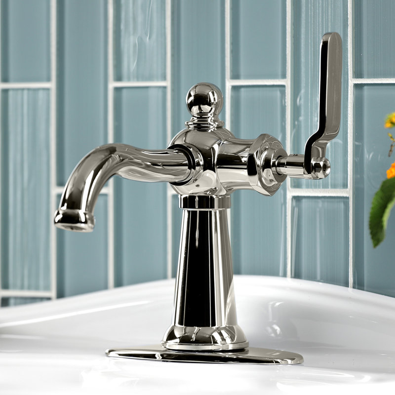 Kingston Brass Knight Single-Handle 1-Hole Deck Mount Bathroom Faucet with Push Pop-Up and Deck Plate, Lever Handle, Silver