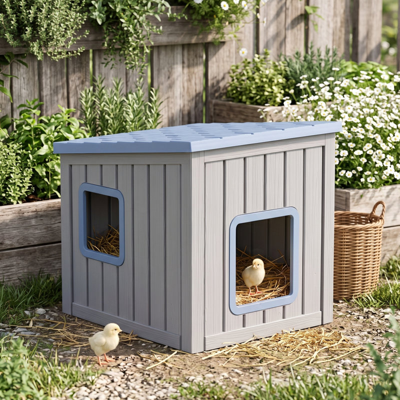 Maison pour animaux d'extérieur en résine résistante aux intempéries avec toit incliné (bleu et gris) 22,23 "H, Bleu/Gris
