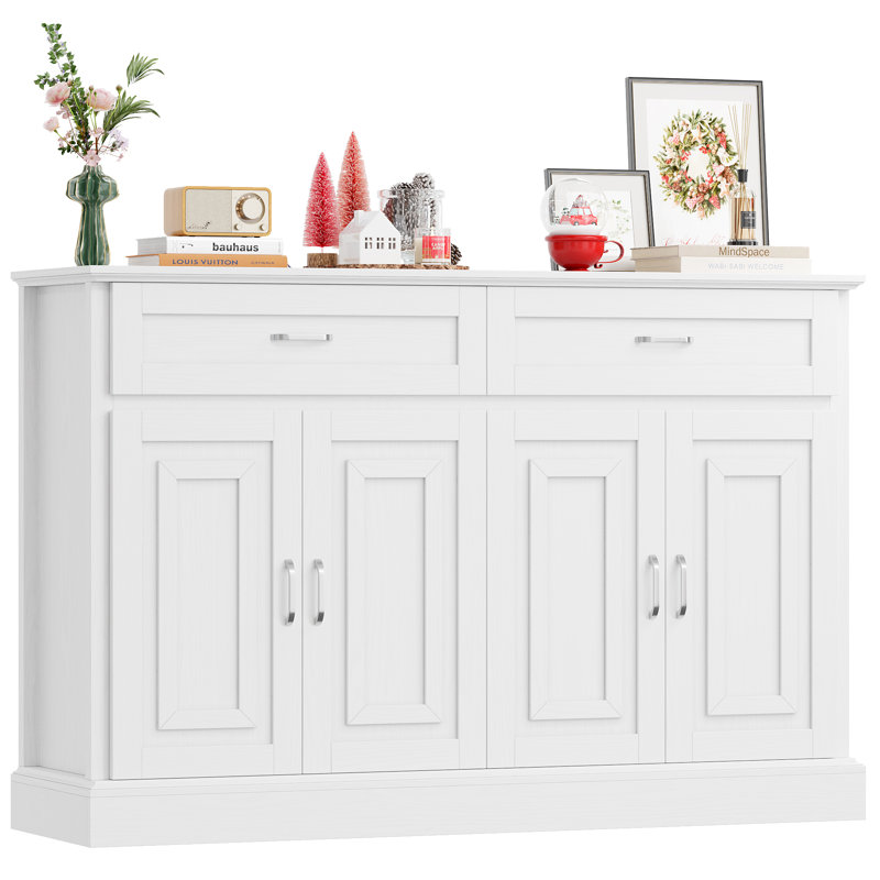 Gaume 55.1'' W Kitchen Sideboard with 2 Wide Drawers, Adjustable Shelves, White