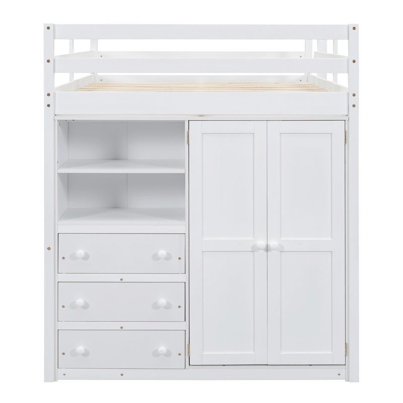 Lit mezzanine double en bois avec garde-robe intégrée, bureau, tablettes et tiroirs, blanc, Blanc