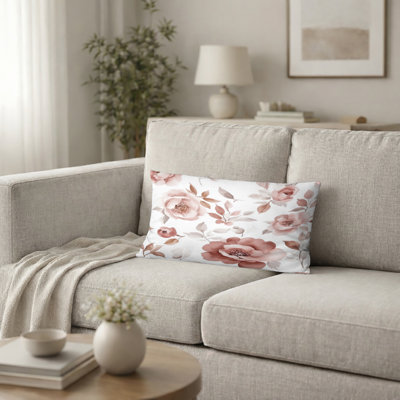 Coussin décoratif à motif floral - Coussin à imprimé fleuri rose et gris campagne française