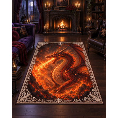 Tapis « Ultra Fin » 152 x 213 cm à motif de dragon de feu en spirale pour chambre, salon et bureau à domicile, moquette douce à poils courts avec envers antidérapant en silicone