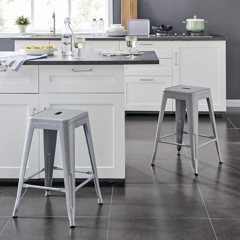 Tabourets de bar en métal sans dossier, légers, industriels, contemporains, rustiques, rétro, côtiers, rétro et sans pieds (ensemble de 2) (siège de 30 po, argent)