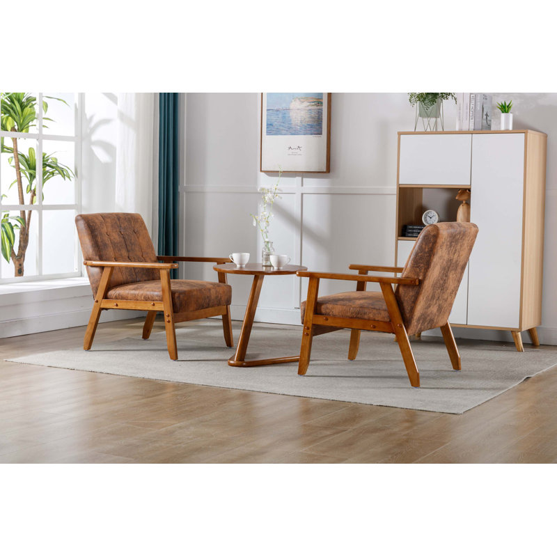 Accent Chairs Set of 2 with Side Table, Wood and Fabric Armchairs Side Chair, Polyester Coffee
