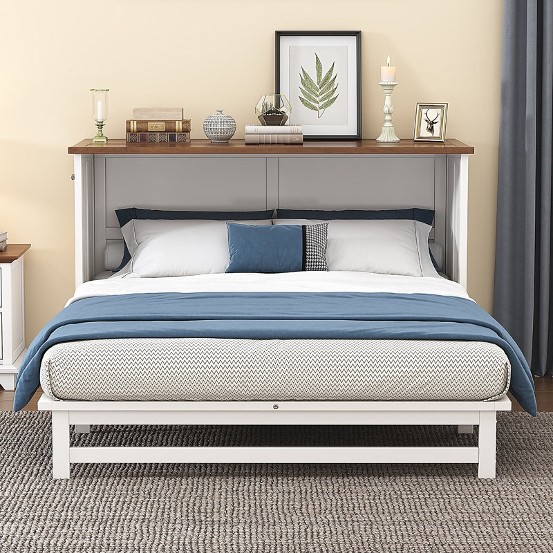 Commode lit escamotable en pin massif avec station de charge et grand tiroir de rangement, Grand lit