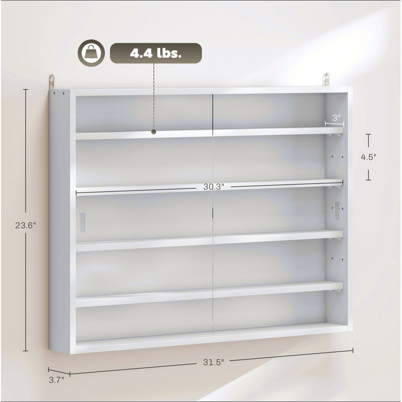 Vitrine murale, vitrine à 5 niveaux avec 2 portes en verre et tablettes réglables, White
