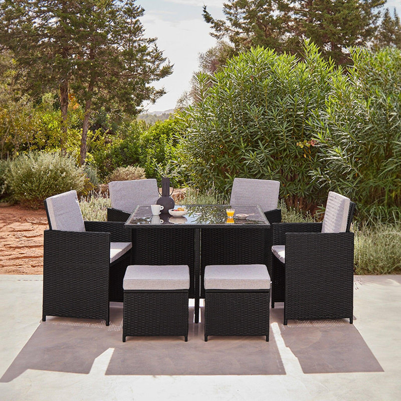 Quilla Rectangular 8 - Person 111cm Long Dining Set with Cushions, Black