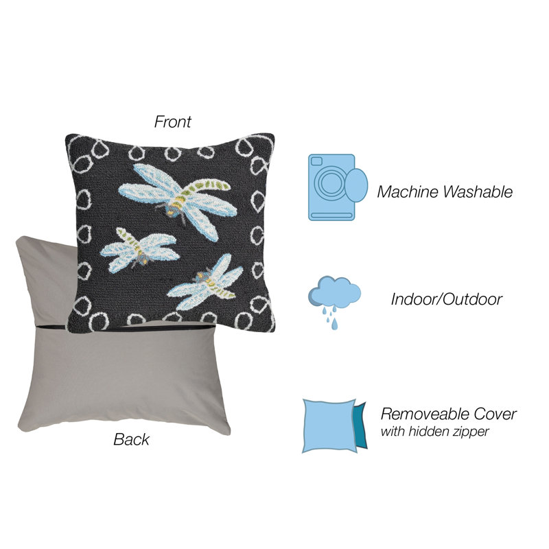 18" Square Black Polyacrylic Dragonfly Throw Pillow