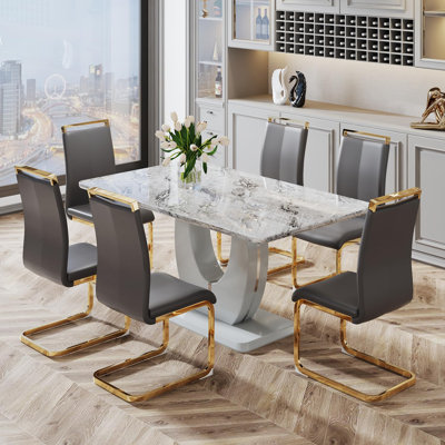 7 Piece - Marbled Dining Table Set