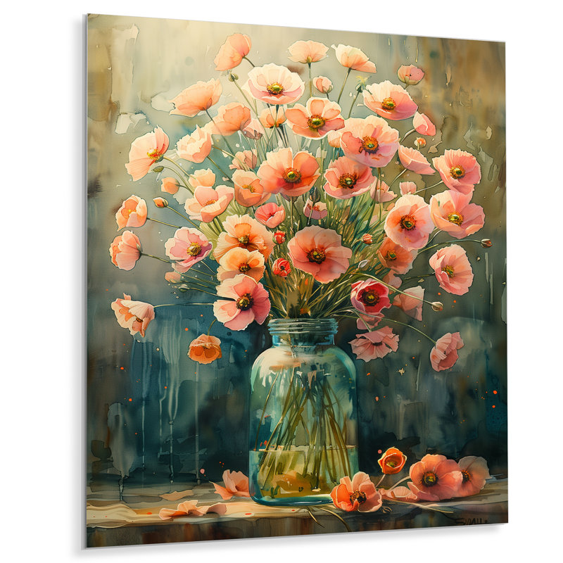 Bouquet de roses roses et vertes, pot de lait, art mural salon, Métal métal, H 32 po x l 16 po