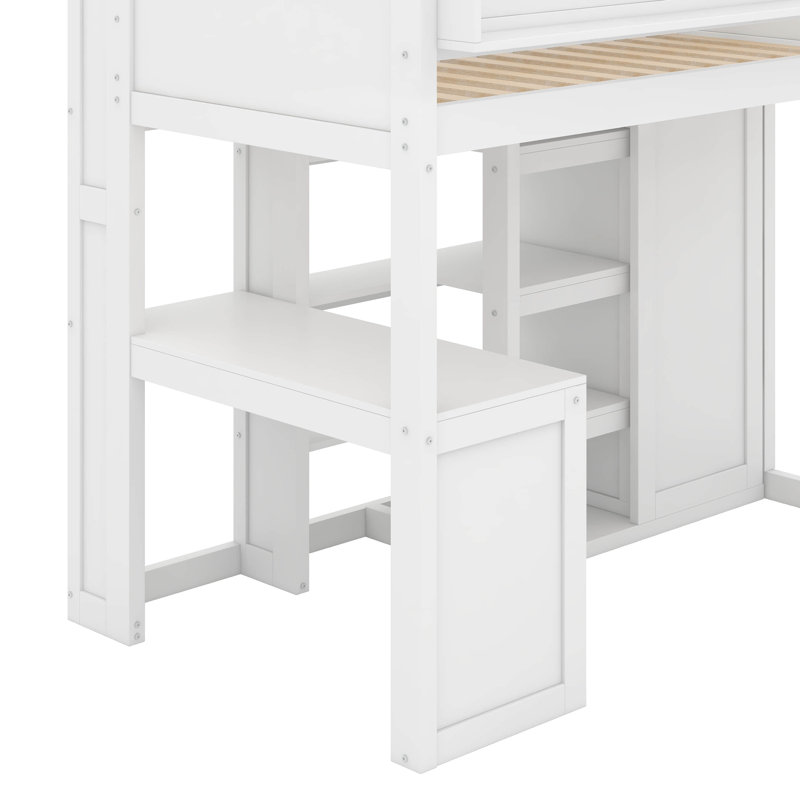 Lit mezzanine simple avec tablettes et garde-robe, Blanc