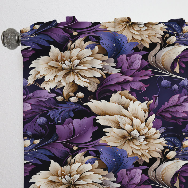 Purple Flowers Damask Fusion - Damask Curtain - Velvet Room Darkening - 1 Panel, 52" W x 63" L
