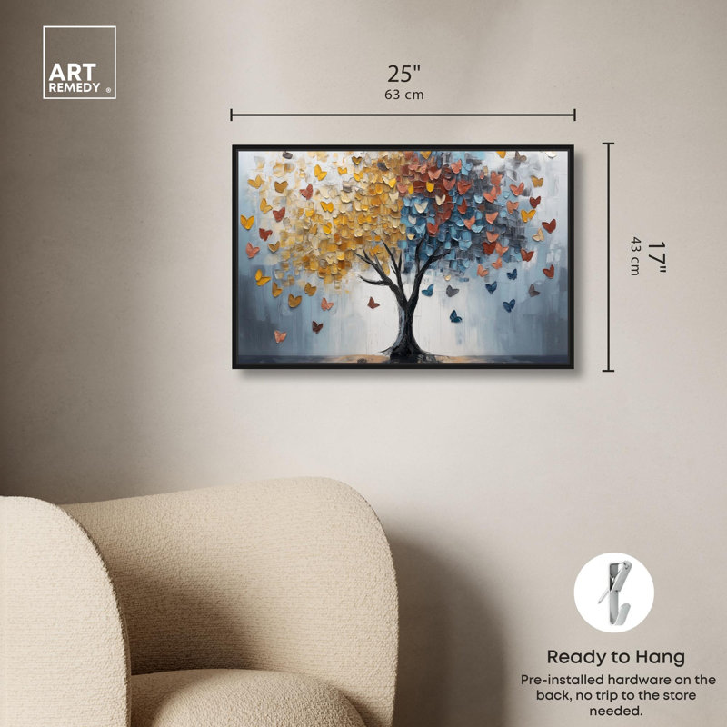 Butterfly Dream Tree I Canvas Colorful Tree Art by Art Remedy, Black Floater Framed, 17" H x 25" W x 1.8" D