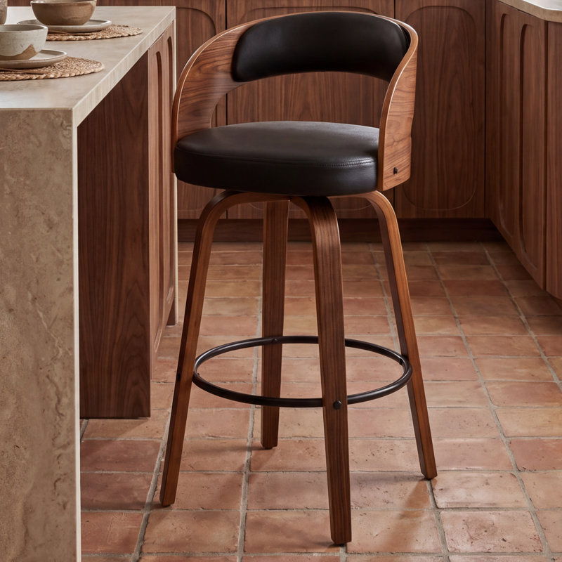 Tabouret de comptoir pivotant moderne de 26 po avec cadre en bois cintré, Noir