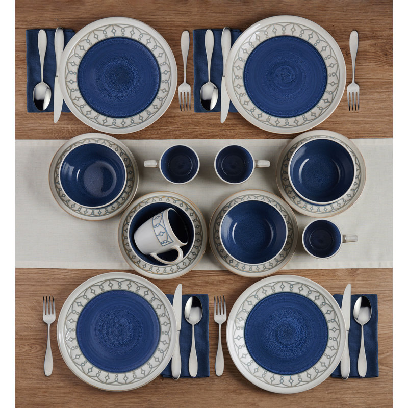 Service de table 16 pièces en grès Remi, service pour 4, Bleu