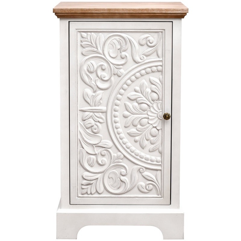 Table de bout 30,5 "de hauteur avec ornement floral rétro sculpté avec tablette de rangement pour le salon, finition naturelle et blanche