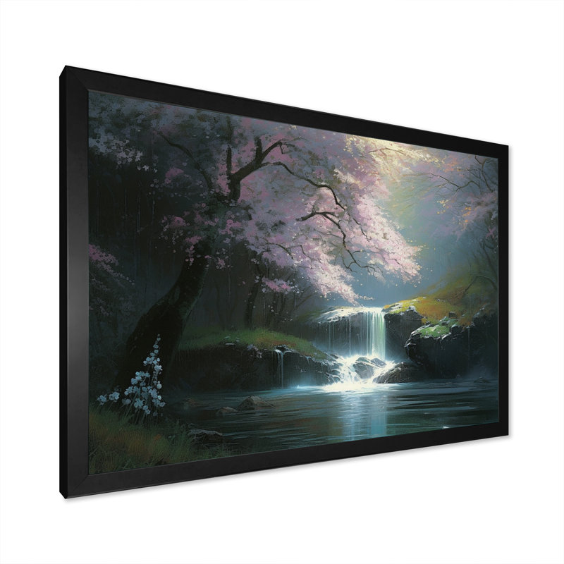 Nayma Cherry Blossom Stream I sur toile, Cadre photo noir, H 12 po x l 20 po x P 1 po