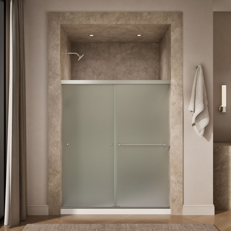 Revel 59.62'' x 70'' Double Sliding Shower Door with CleanCoat Technology, Anodized Brushed Nickel, Frosted