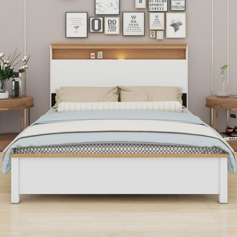 The Rustic Farmhouse Bed Frame With Storage Headboard Comes With A Built-In Charging Station, Queen