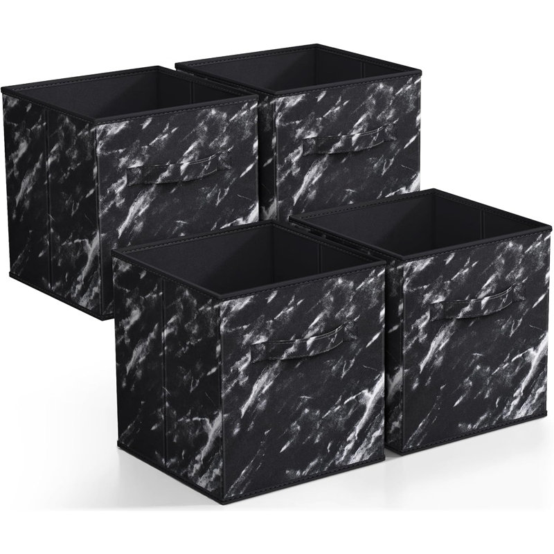 Sorbus 4 Pack 11" Foldable Fabric Storage Cube Bins with Handles in Marble Print, Black