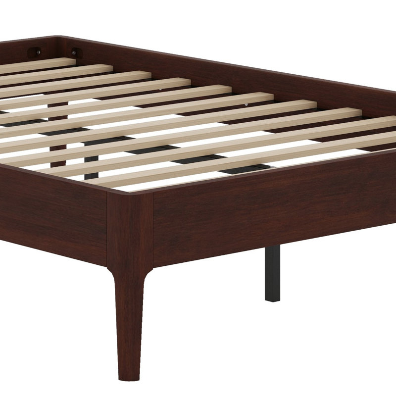 Structure de lit plateforme moderne en bois avec lattes de bois et support en métal, assemblage facile, Chocolat