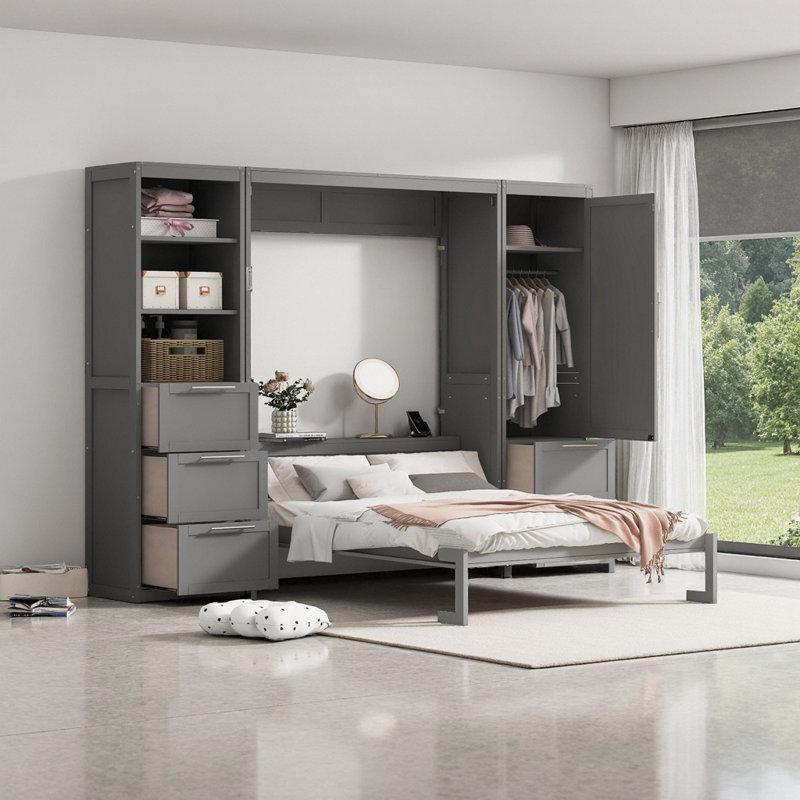 Grand lit escamotable avec 1 garde-robe, 5 tiroirs et 3 tablettes - Lit mural peu encombrant pour petits espaces, gris, Gris