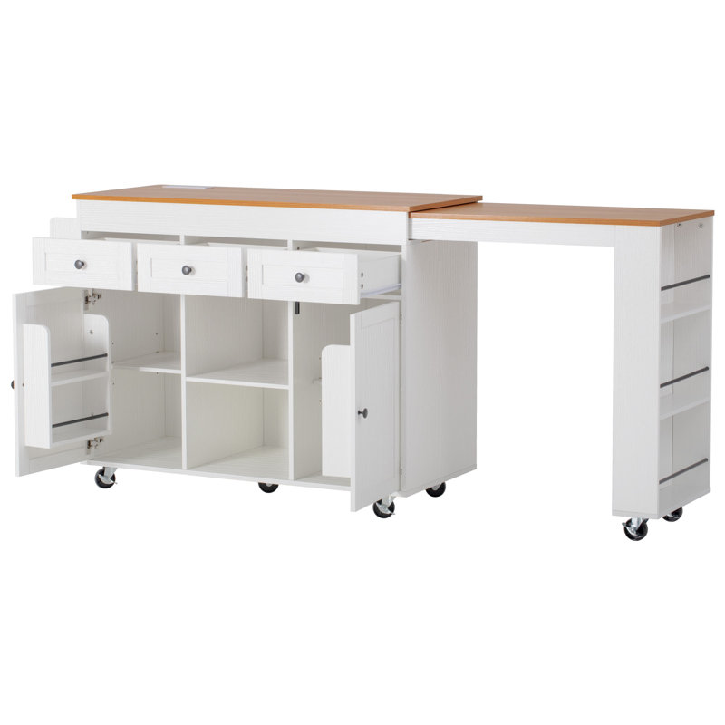 85.5" Kitchen Island with Extendable Dining Table, Kitchen Storage Table with 3 Side Open Shelves, Rolling Kitchen Island with Power Outlet, 3 Drawers, 2 Doors, for Kitchen, Dining Room