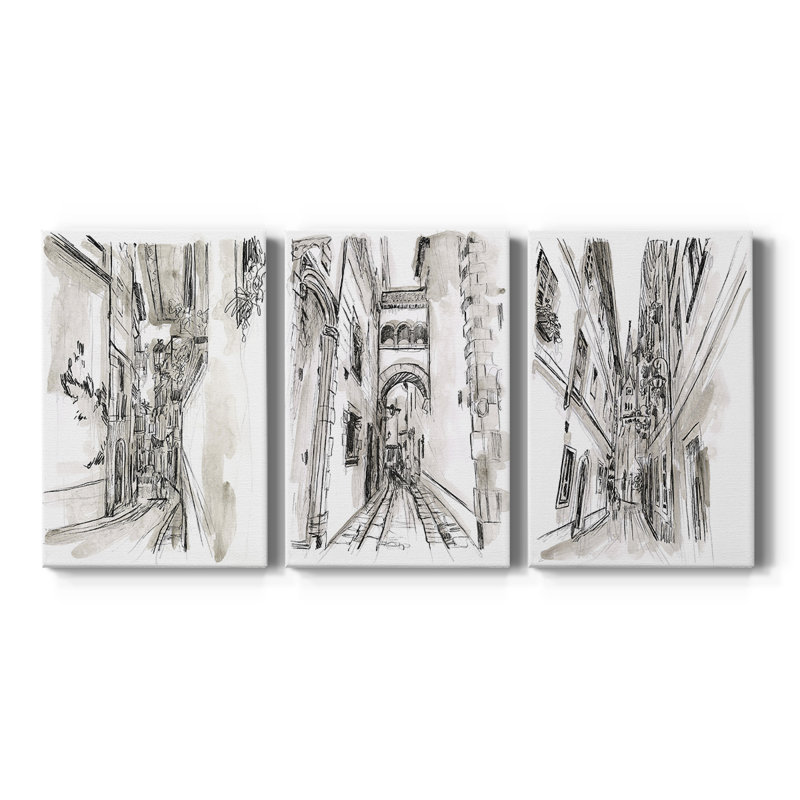 Europe Street Sketches I - Toile tendue avec châssis sur mesure - 3 pièces, H 48 po x l 96 po