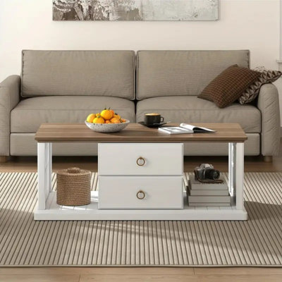 Farmhouse Coffee Table With Storage And Drawers, Rustic Rectangular Centre Table With Solid Wood Legs And Open Shelves For Living Room, Office, Antique White