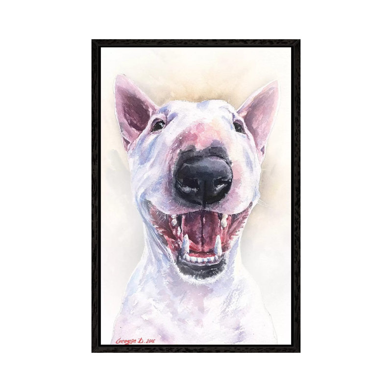 Happy Bull Terrier by George Dyachenko - Painting on Canvas, 101.6cm H x 66.04cm W x 3.81cm D, Black Framed