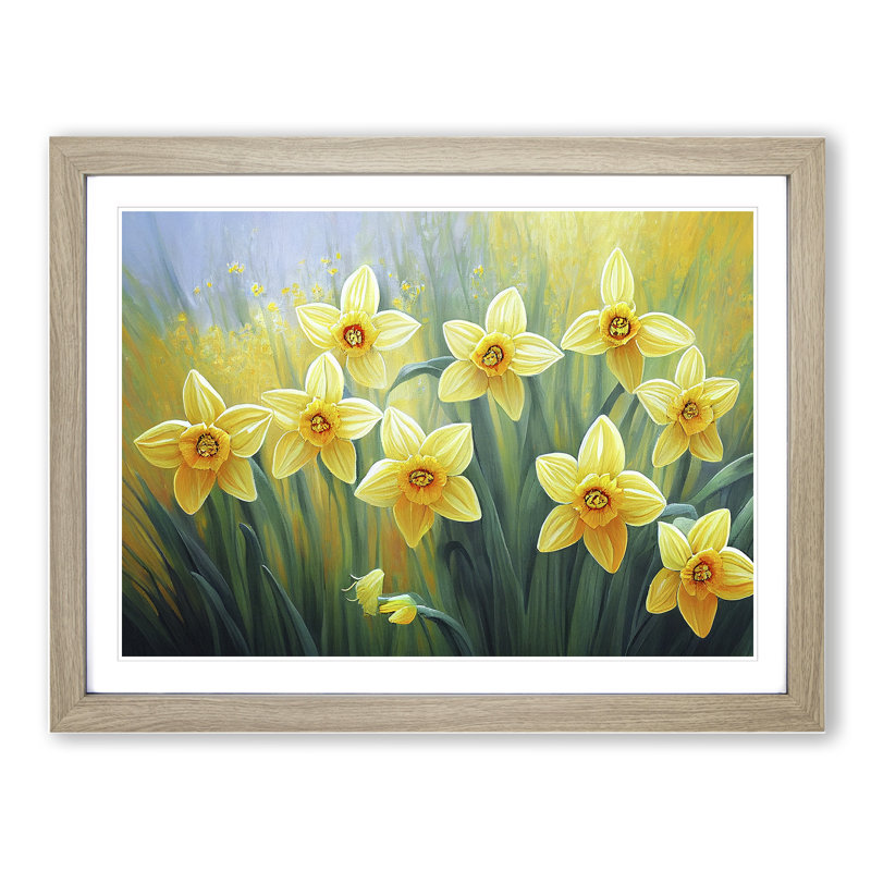 Eye Opening Daffodil Flowers - Single Picture Frame Painting, 25cm H x 34cm W x 2cm D, Oak
