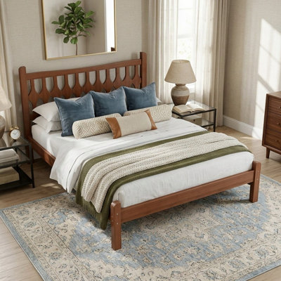 Mid-Century Modern Wood Bed Frame, Boho Platform Bed with Geometric Cutout Headboard, No Box Spring Needed (Full Size)