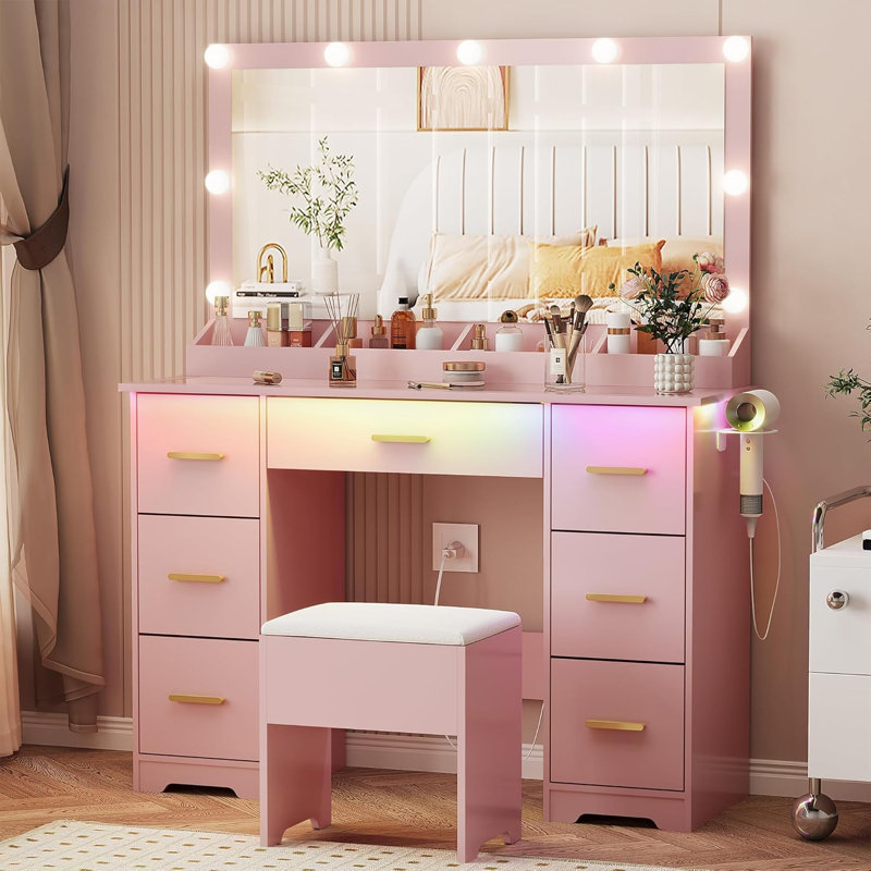 Bureau de coiffeuse avec tabouret - Miroir lumineux à DEL, Pink