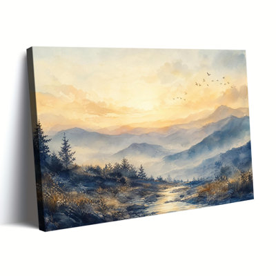 Watercolor Mountain Valley Stream Sunset Flying Birds Canvas Wall Art Blue Gold Misty Wilderness Landscape Decor