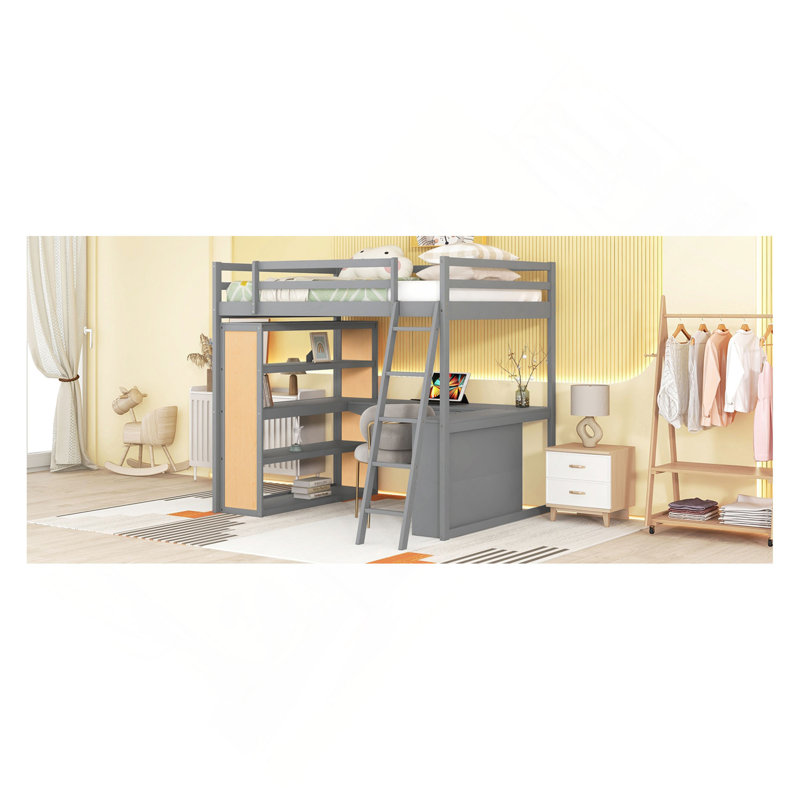 Lit mezzanine avec tablettes de rangement, bureau et échelle