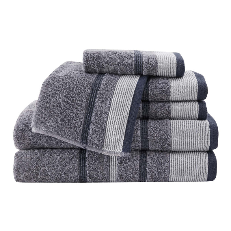 Coton décoratif de luxe Deanthony, Ensemble 6 serviettes de bain, Chambray bleu / blanc / bleu marine