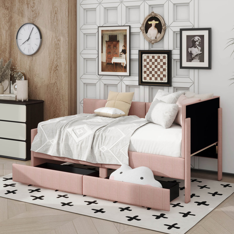 Lit de jour simple en L en velours côtelé avec structure de lit tapissier avec 2 tiroirs de rangement, Rose