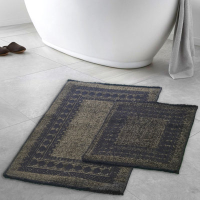 Luxurious Cotton Bathmat Set (2 Pieces), Green & Black | Non-Slip Underside, 19.7 x 23.6 inches & 23.6 x 39.4 inches | 100% Cotton, Machine Washable at 86°F | Soft, Absorbent, Perfect for Bathroom Decor & Comfort