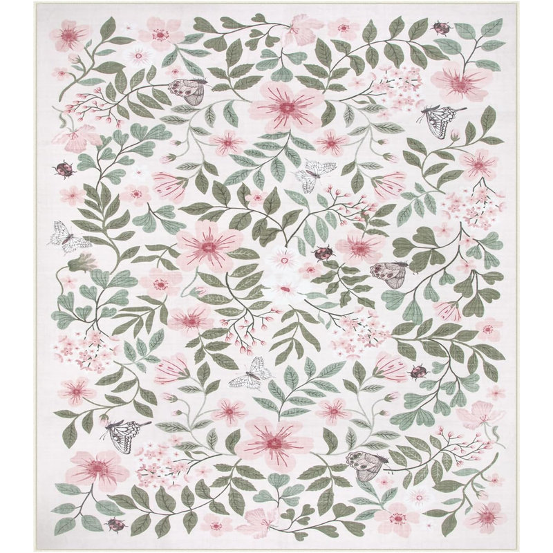  Floral Washable Area Rug Non-Slip Stain Resistant Low-Pile Boho Large Indoor Throw Carpet, Pink/Green/White