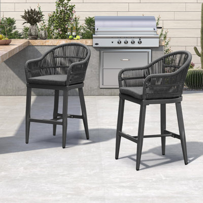 Corrigan Studio Outdoor Rattan Bar Height Stools Set Of 2 Modern Patio Aluminum Wicker Barstools With Wraparound Armrest Back For Kitchen Garden Indoor