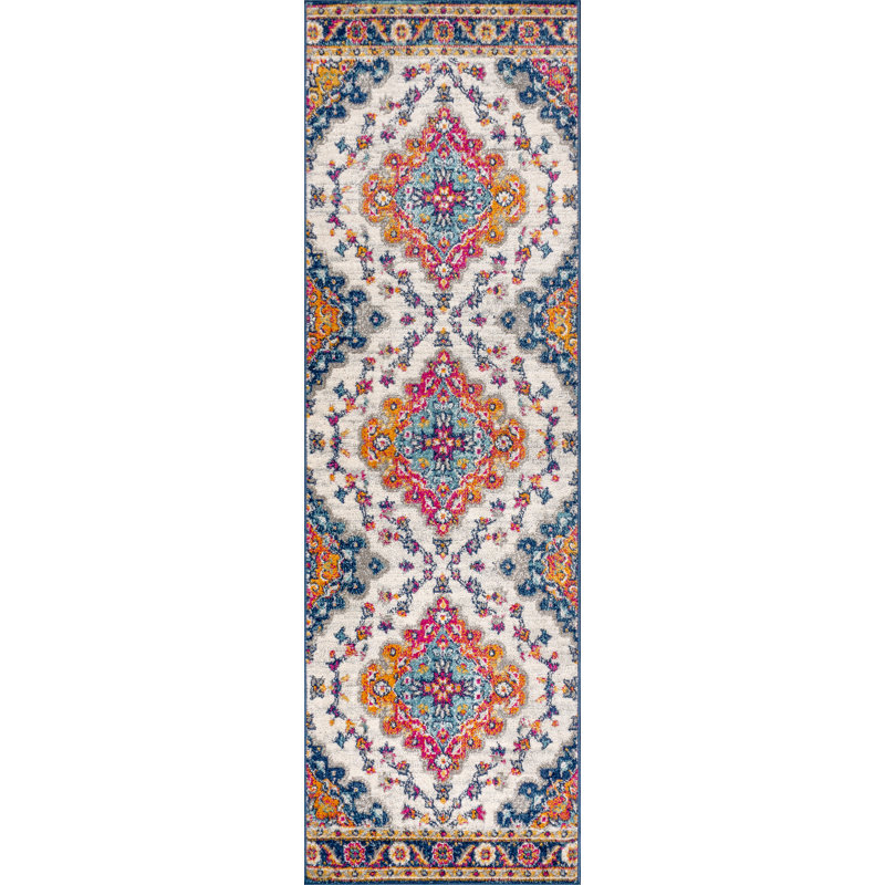 Tapis bleu / jaune / crème Lathan, Tapis de couloir 2 pi 3 po x 10 pi