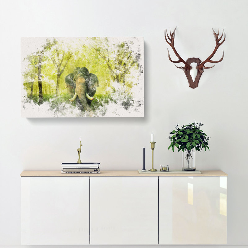 Marvellous Elephant In A Green Forest Watercolour - Wrapped Canvas Print, 40cm H x 60cm W x 3cm D